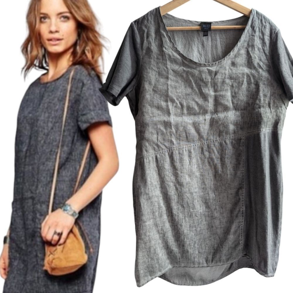 Blu No.9 💯 Linen Grey Short Sleeve Mini Shift Dress Tunic Size L